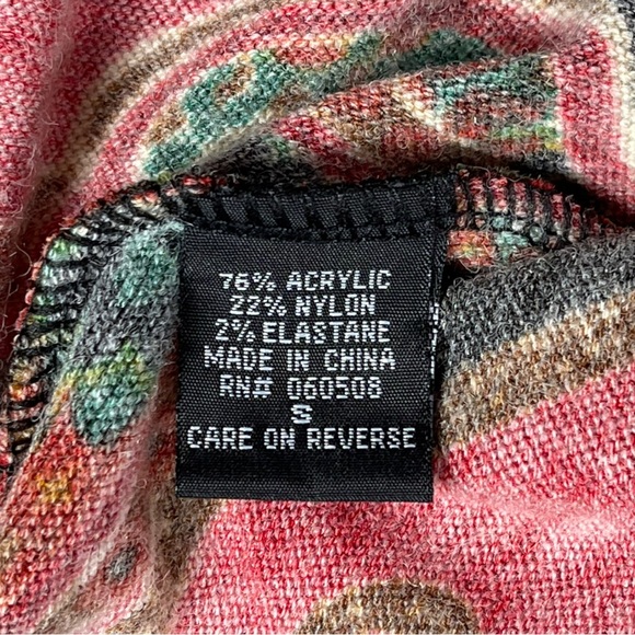 Angie size small red gold dark gray swirls/flames dress long sleeves vneck EUC - Picture 10 of 10